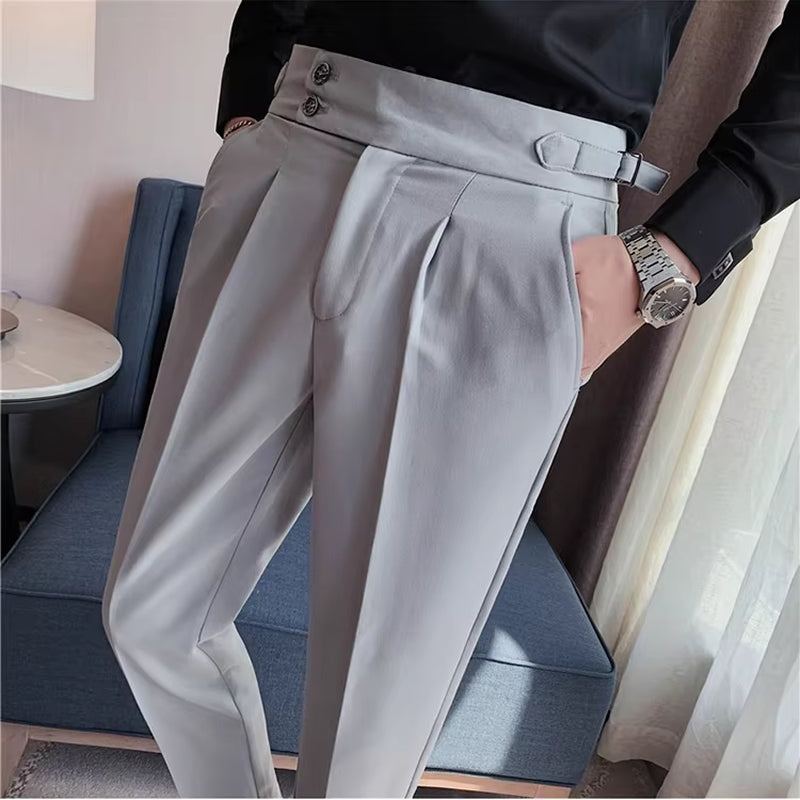 2025 Spring Autumn Men High Waist Belt Design Casual Slim Formal Dress Pant Men Social Office Wedding Party Dress Suit Pants
