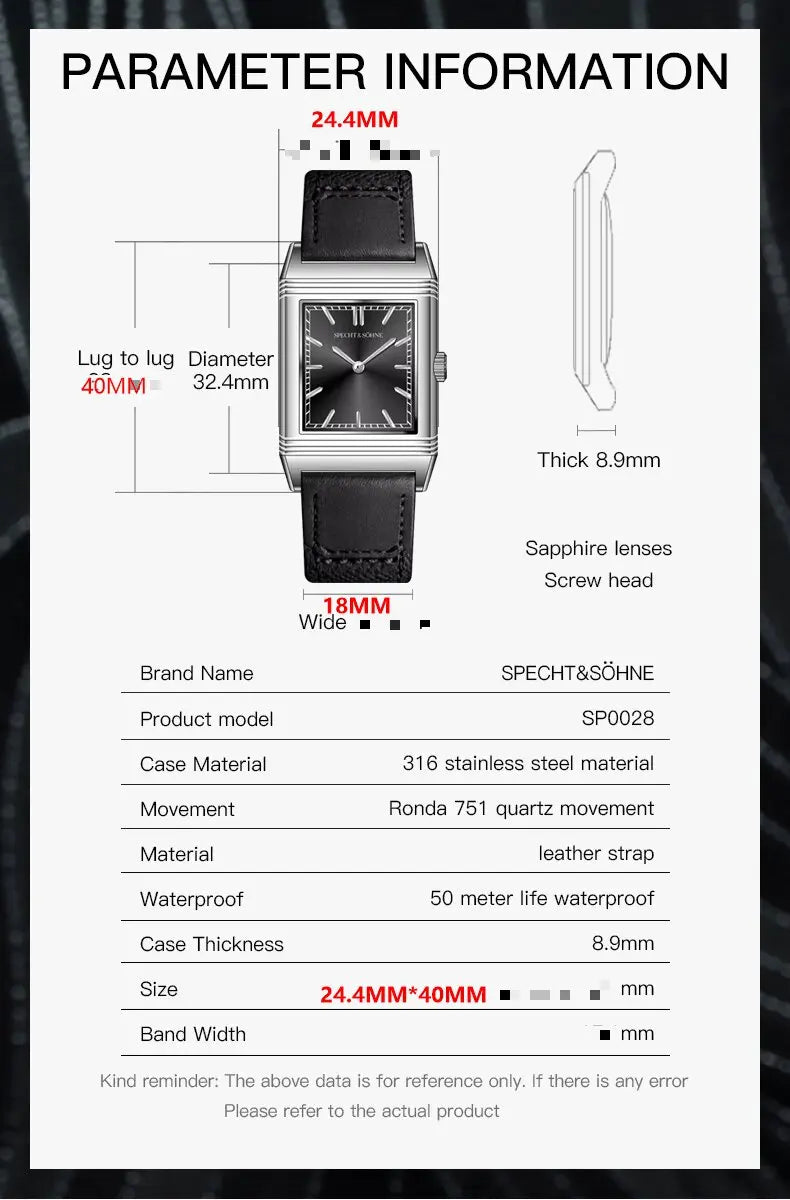 2025 Specht & Söhne New 24.4MM Square Watch for Men Ronda Quartz Movt Sports Watches Ultrathin Stainless Steel 50M Waterproof