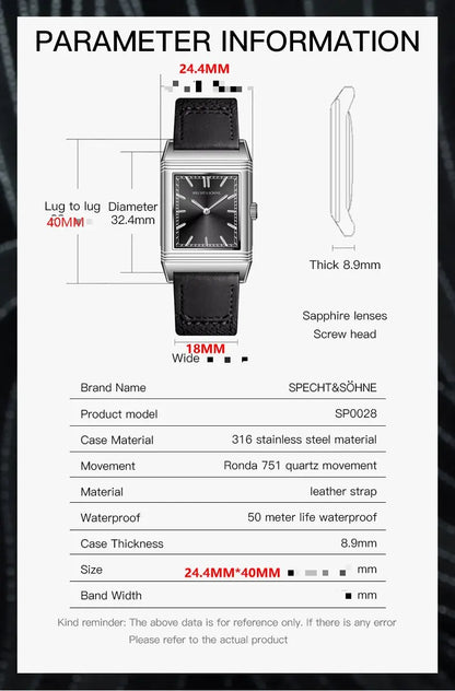 2025 Specht & Söhne New 24.4MM Square Watch for Men Ronda Quartz Movt Sports Watches Ultrathin Stainless Steel 50M Waterproof