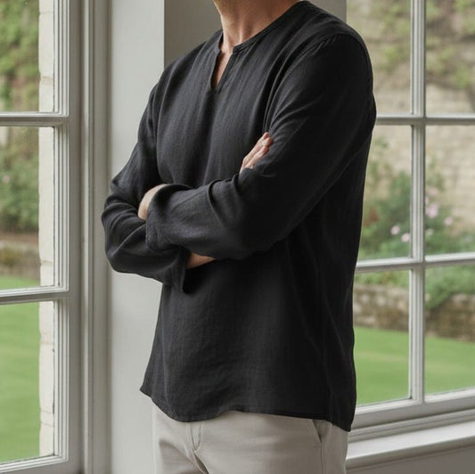 Linen-Cotton Grandad Collar Resort Shirt