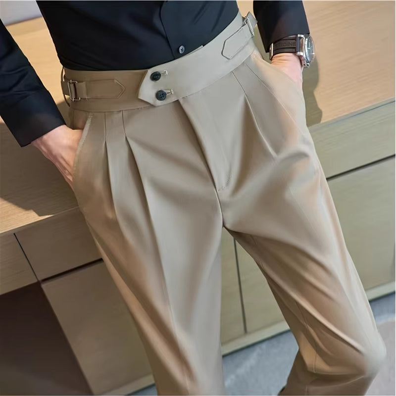 2025 Spring Autumn Men High Waist Belt Design Casual Slim Formal Dress Pant Men Social Office Wedding Party Dress Suit Pants