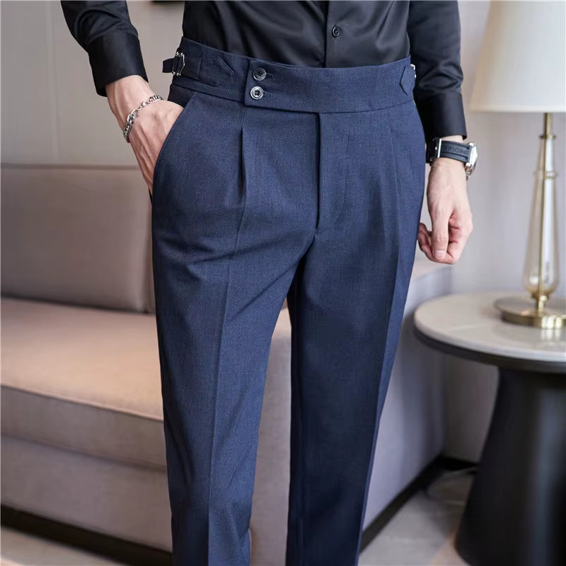 2025 Spring Autumn Men High Waist Belt Design Casual Slim Formal Dress Pant Men Social Office Wedding Party Dress Suit Pants