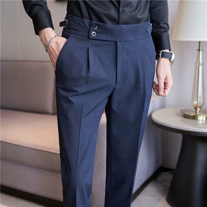 2025 Spring Autumn Men High Waist Belt Design Casual Slim Formal Dress Pant Men Social Office Wedding Party Dress Suit Pants