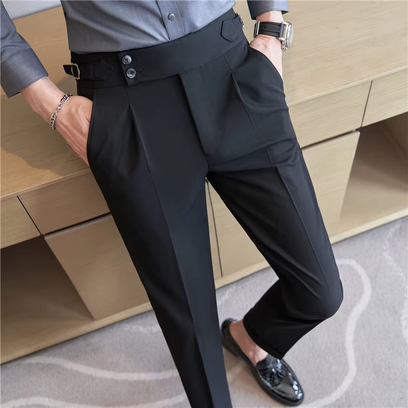 2025 Spring Autumn Men High Waist Belt Design Casual Slim Formal Dress Pant Men Social Office Wedding Party Dress Suit Pants