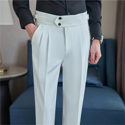 2025 Spring Autumn Men High Waist Belt Design Casual Slim Formal Dress Pant Men Social Office Wedding Party Dress Suit Pants