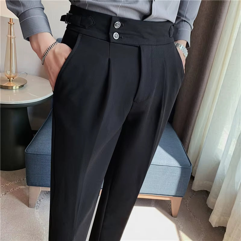 2025 Spring Autumn Men High Waist Belt Design Casual Slim Formal Dress Pant Men Social Office Wedding Party Dress Suit Pants